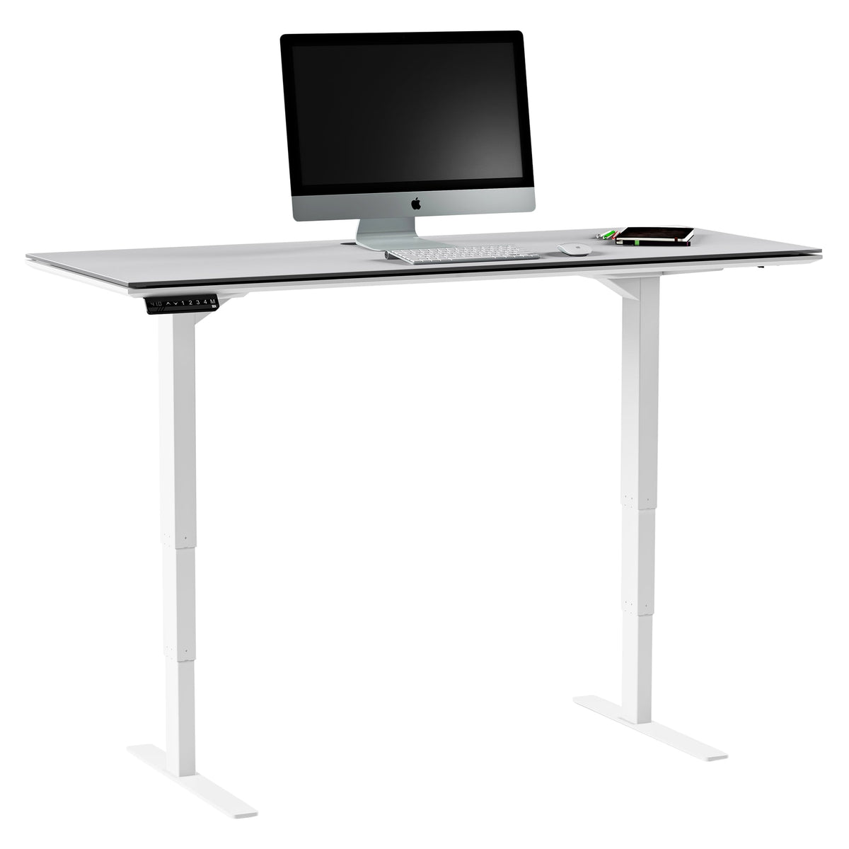 BDi Centro Sit+Stand Desk in Satin White on Oak with Grey Glass, on white, 24" x 60" Top size