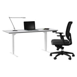 BDi Centro Sit+Stand Desk in Satin White on Oak with Grey Glass, on white, 24" x 60" Top size