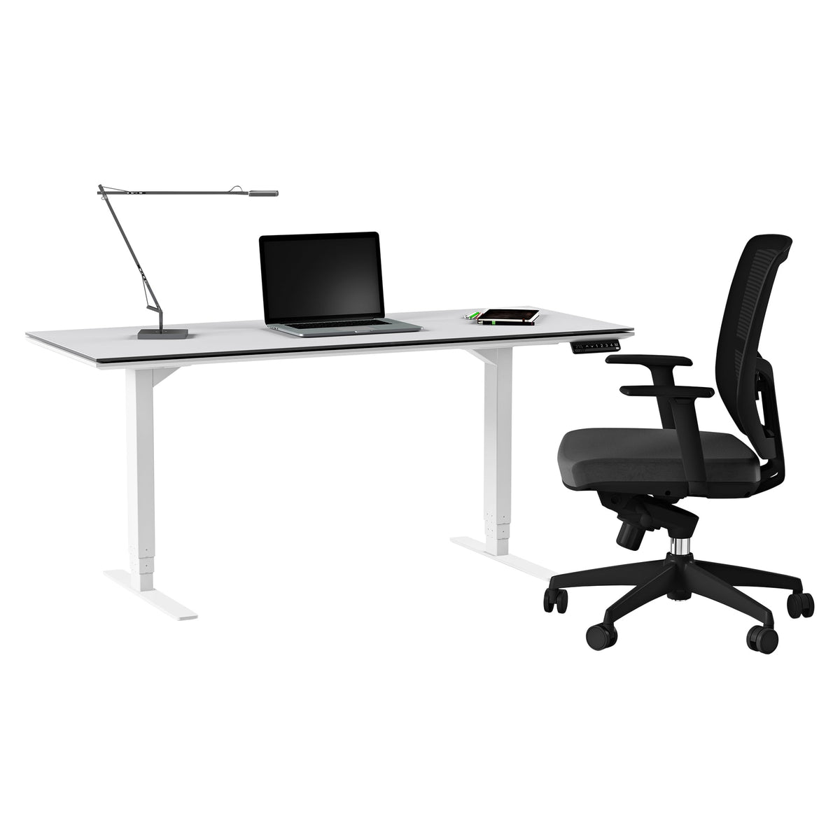 BDi Centro Sit+Stand Desk in Satin White on Oak with Grey Glass, on white, 24" x 60" Top size