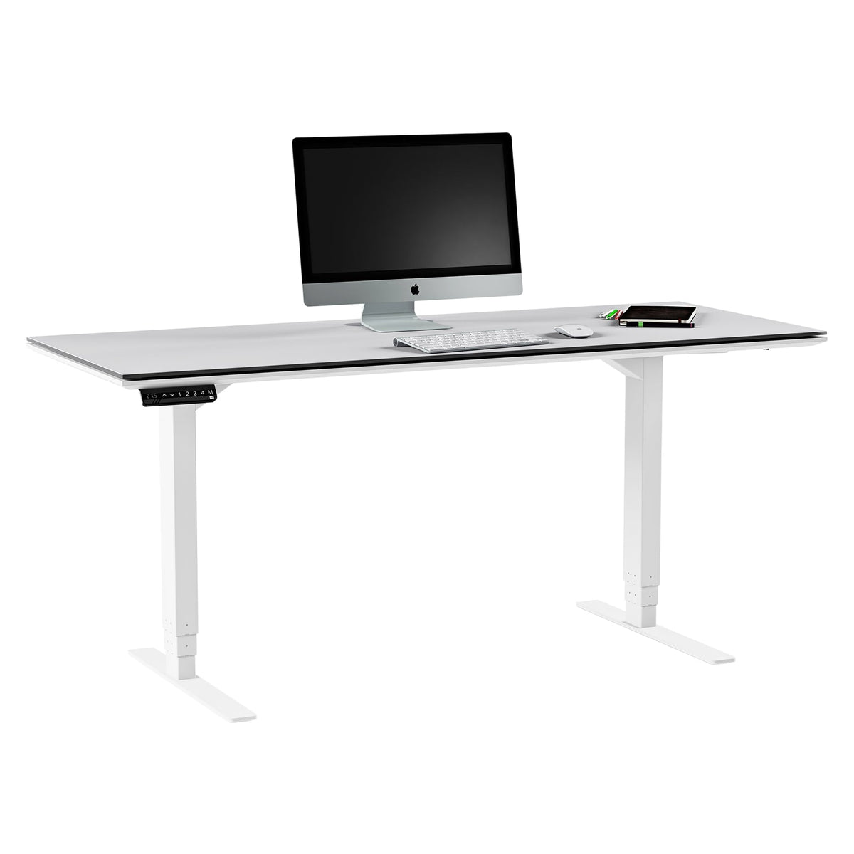 BDi Centro Sit+Stand Desk in Satin White on Oak with Grey Glass, on white, 30" x 66" Top size