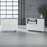 BDi Centro 6417 Multi Function Cabinet in Satin White on Oak with Grey Glass, with other Centro storage pieces, in a loft