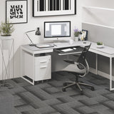 BDi Centro 6401 Desk in Satin White on Oak with Grey Glass, with a return and mobile file, in a home office corner