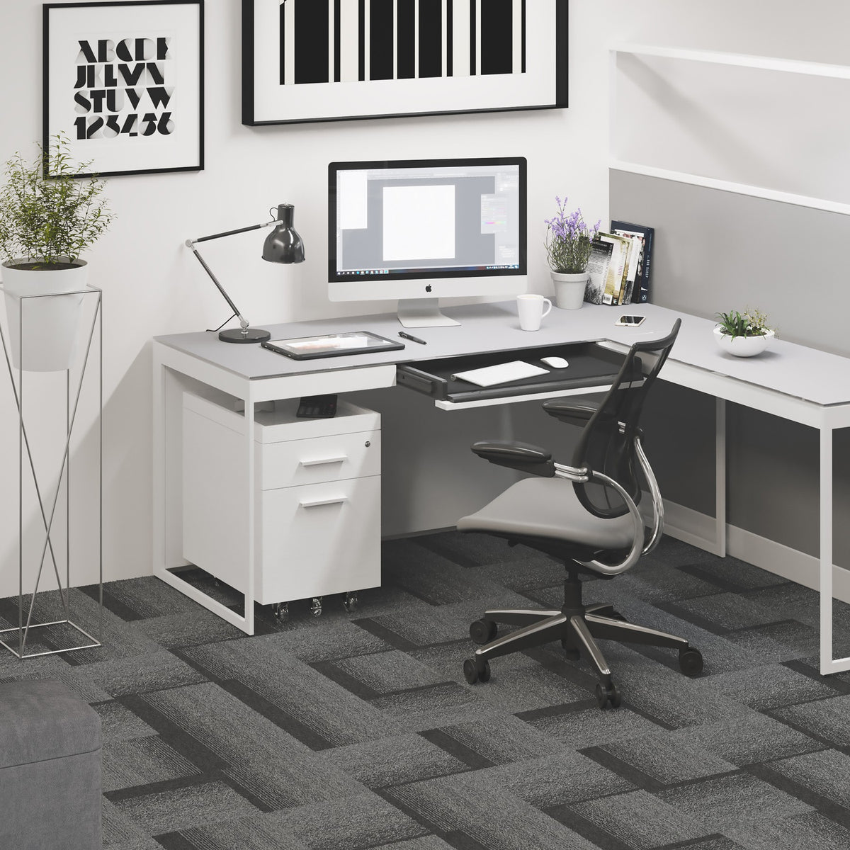 BDi Centro 6401 Desk in Satin White on Oak with Grey Glass, with a return and mobile file, in a home office corner