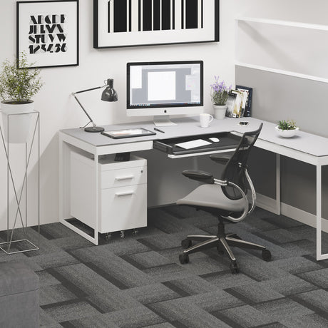 BDi Centro 6401 Desk in Satin White on Oak with Grey Glass, with a return and mobile file, in a home office corner