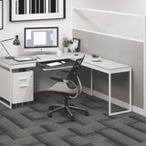 BDi Centro 6402 Desk Extension in Satin White on Oak with Grey Glass, joined to the desk, in a home office corner