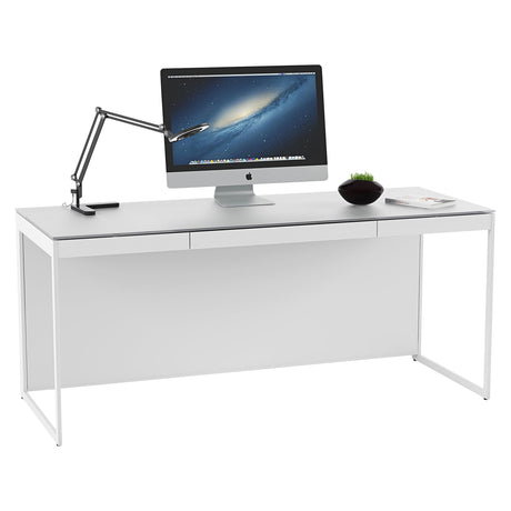 BDi Centro 6401 Desk in Satin White on Oak with Grey Glass, on white
