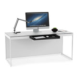 BDi Centro 6401 Desk in Satin White on Oak with Grey Glass, front view with the keyboard drawer open, on white