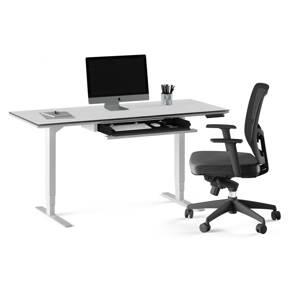 BDi Centro Sit+Stand Desk in Satin White on Oak with Grey Glass, 24 x 60 inch top, keyboard drawer open, with a chair, on white, 24" x 60" Top size