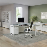 BDi Centro 6401 Desk in Satin White on Oak with Grey Glass, with a return and mobile file, in an open office