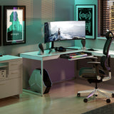 BDi Centro 6401 Desk in Satin White on Oak with Grey Glass, with a return and multi-function cabinet, in a gaming room with coloured lighting