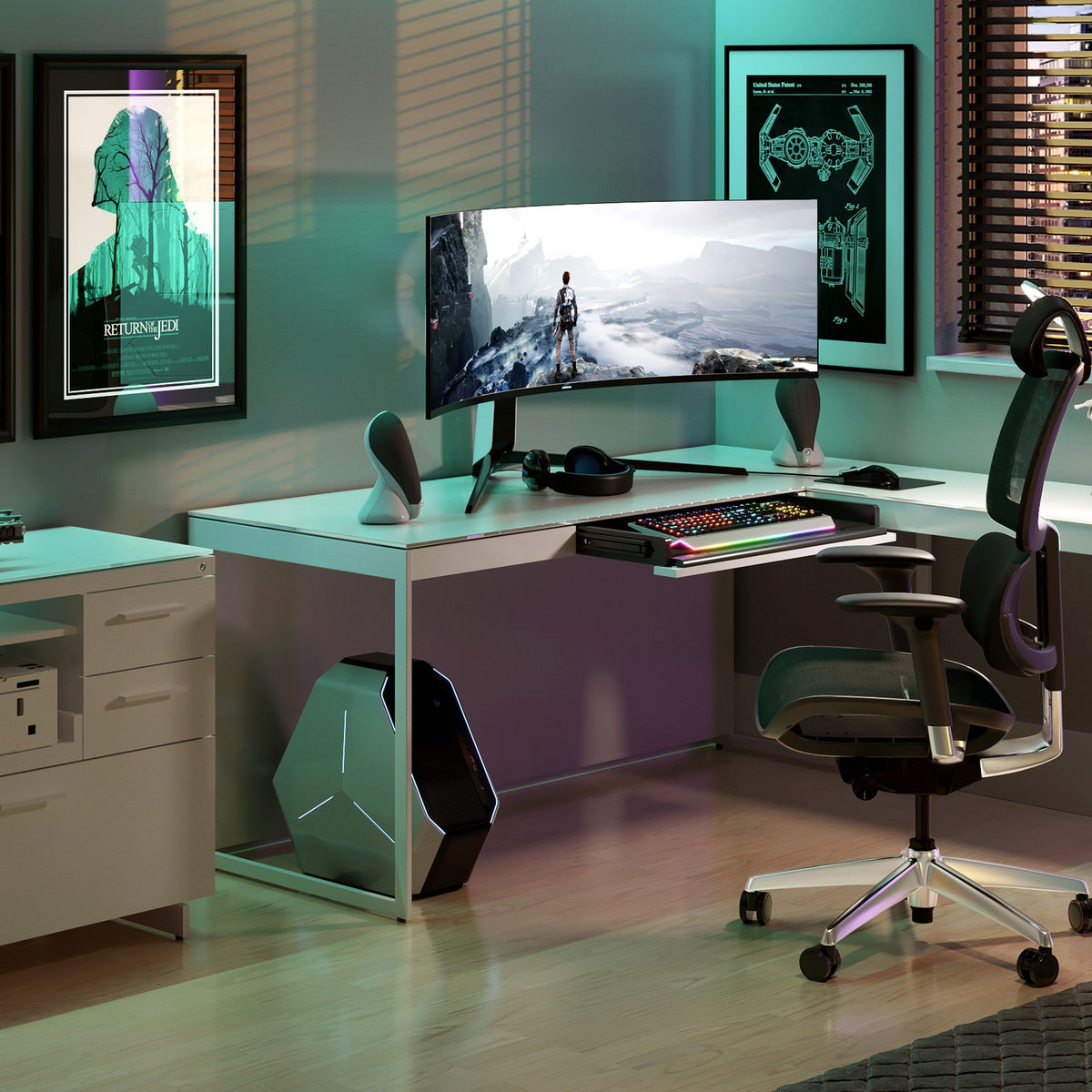 BDi Centro 6401 Desk in Satin White on Oak with Grey Glass, with a return and multi-function cabinet, in a gaming room with coloured lighting