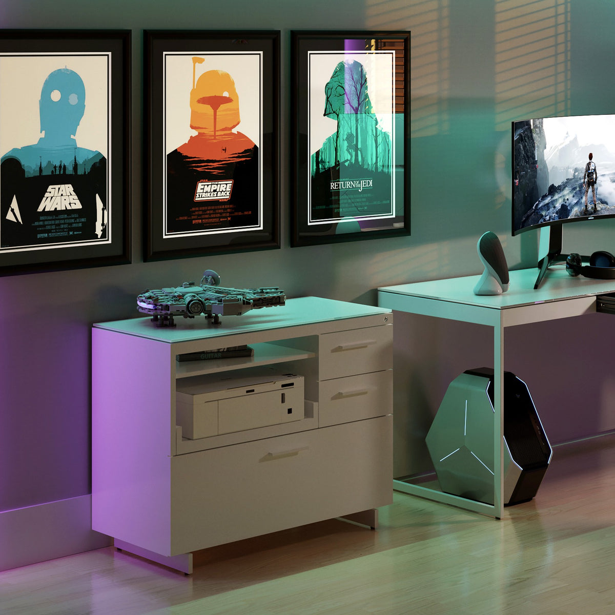 BDi Centro 6417 Multi Function Cabinet in Satin White on Oak with Grey Glass, supporting a return, in a gaming room with coloured lighting