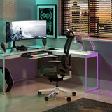 BDi Centro 6402 Desk Extension in Satin White on Oak with Grey Glass, on a multi-function cabinet, in a gaming room with coloured lighting
