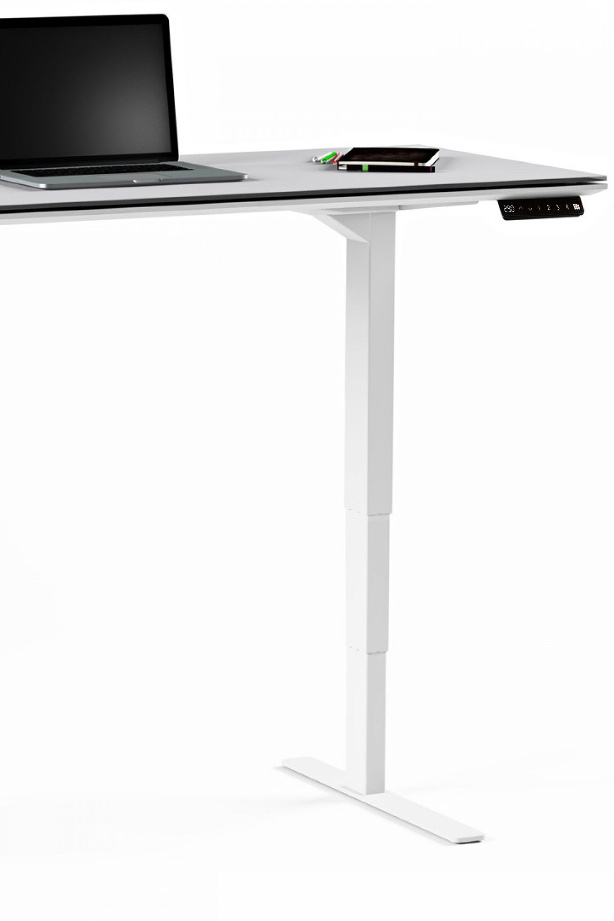 BDi Centro Sit+Stand Desk in Satin White on Oak with Grey Glass, 24 x 60 inch top, raised, end with the keypad, on white, 24" x 60" Top size