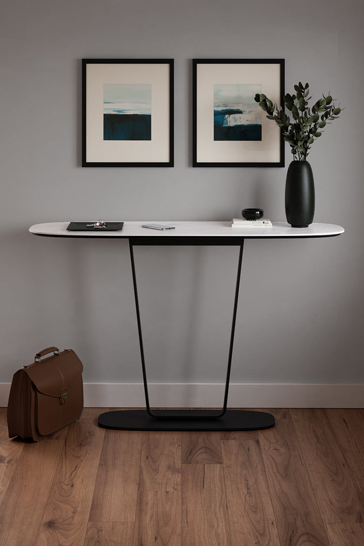 BDi Cloud 9 1183 Console Table in Cirrus White, front view in an entryway