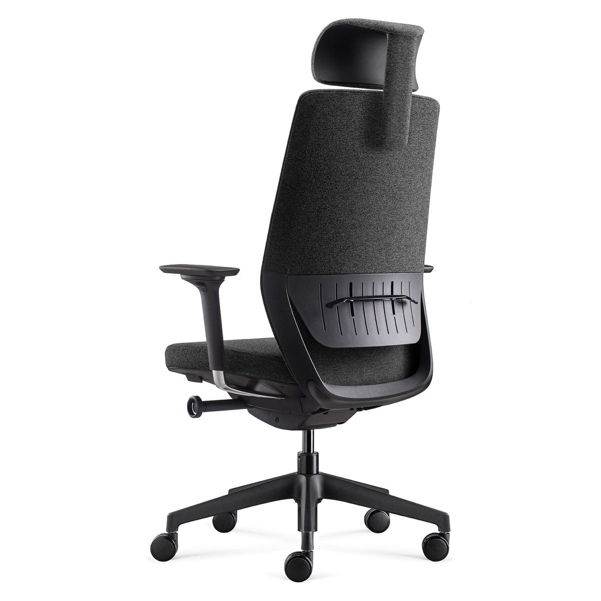 BDi Coda Modern Home Office Task Chair in Black/Grey High Performance Fabric, three-quarter rear view from the left, on white