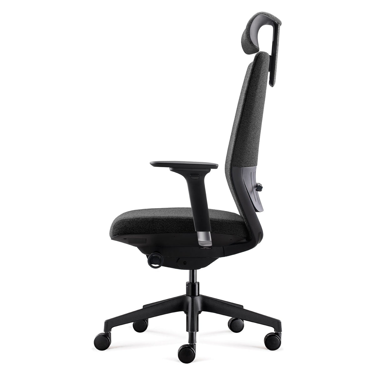 BDi Coda Modern Home Office Task Chair in Black/Grey High Performance Fabric, side view from the right, on white