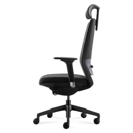 BDi Coda Modern Home Office Task Chair in Black/Grey High Performance Fabric, side view from the right, on white