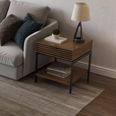 BDi Cora 1176 End Table in Natural Walnut, beside a sofa with the matching coffee table