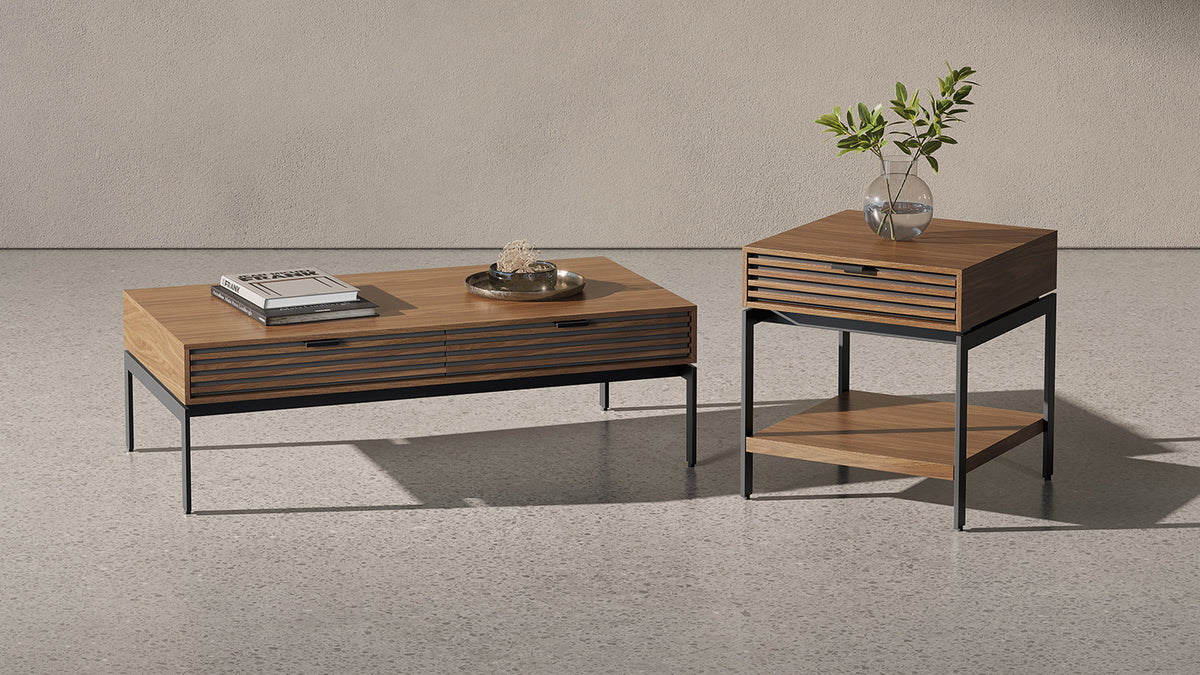 BDi Cora 1172 Coffee Table in Natural Walnut, with the matching end table in an open room