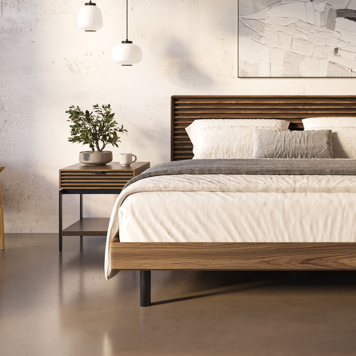 BDi Cora 1176 End Table in Natural Walnut, used as nightstands on both sides of a bed
