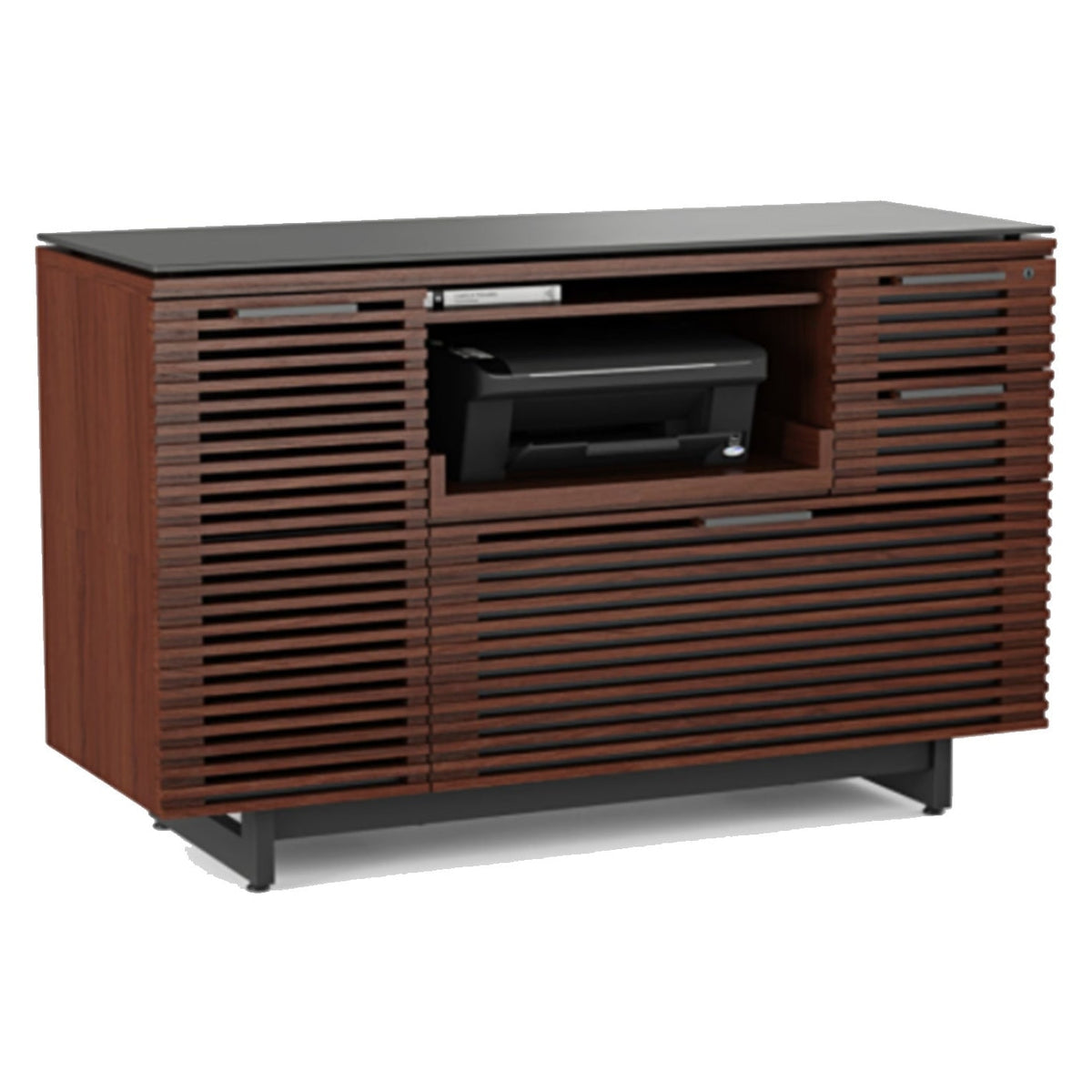 BDi Corridor 6520 Multi Function Cabinet in Chocolate Stained Walnut, angled view, on white