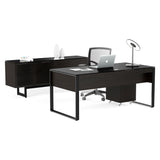 BDi Corridor 6521 Executive Office Desk in Charcoal Stained Ash, back view with the matching credenza, chair and file pedestal, on white