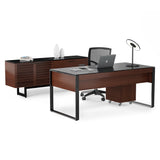 BDi Corridor 6521 Executive Office Desk in Chocolate Stained Walnut, back view with the matching credenza, chair and file pedestal, on white