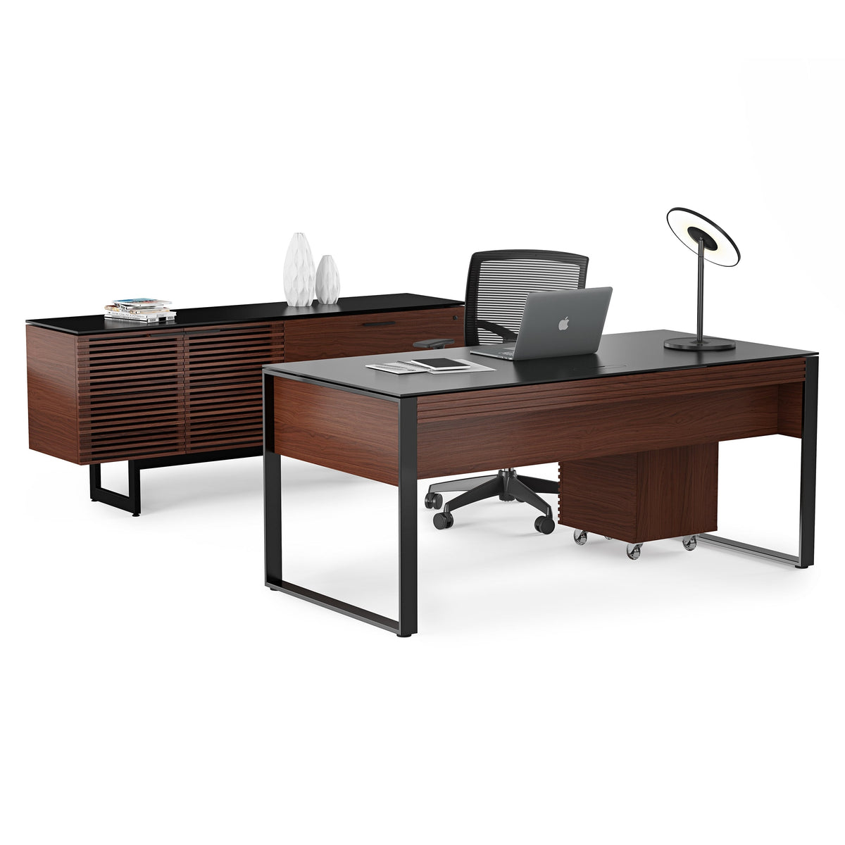 BDi Corridor 6521 Executive Office Desk in Chocolate Stained Walnut, back view with the matching credenza, chair and file pedestal, on white