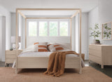 West Bros Curva Poster Bed in 45 Weathered Wood, upholstered headboard, in a room setting