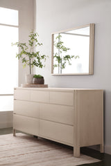 West Bros Curva Dresser in 45 Weathered Wood, with the Curva mirror, in a room setting