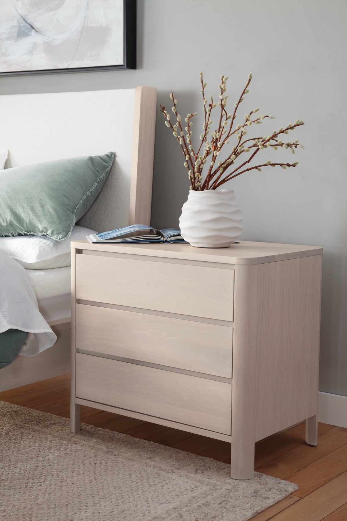 West Bros Curva Bedside Chest in 45 Weathered Wood, in a room setting