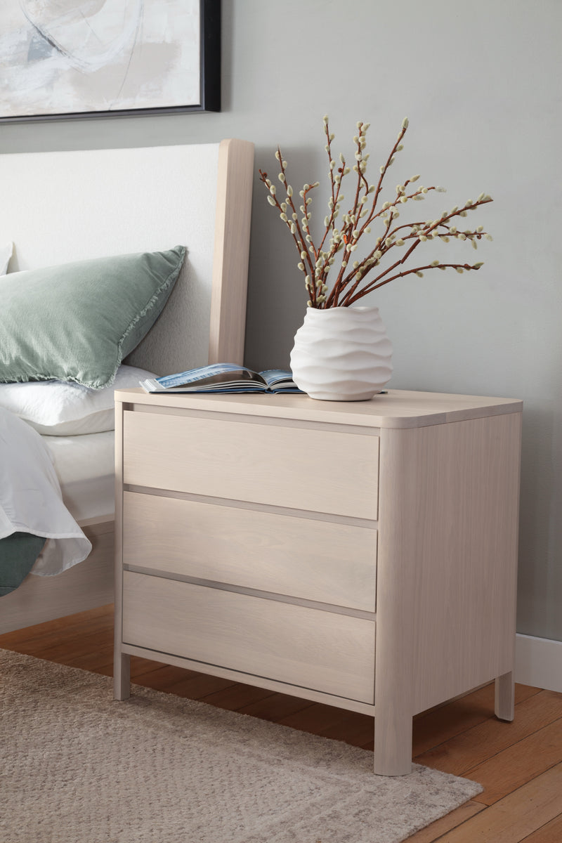 West Bros Curva Bedside Chest in 45 Weathered Wood, in a room setting