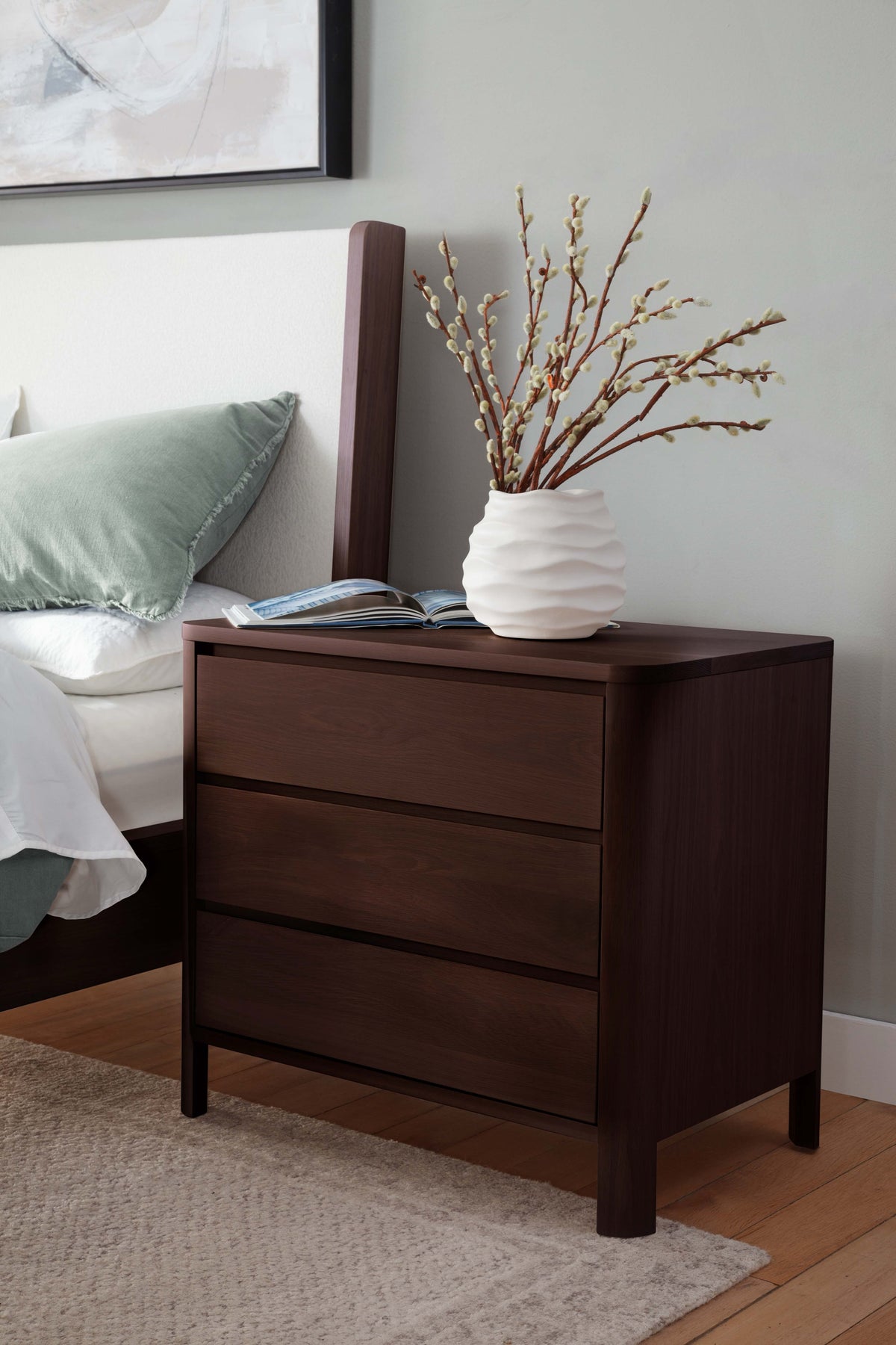 West Bros Curva Bedside Chest in 22 Mocha, in a room setting