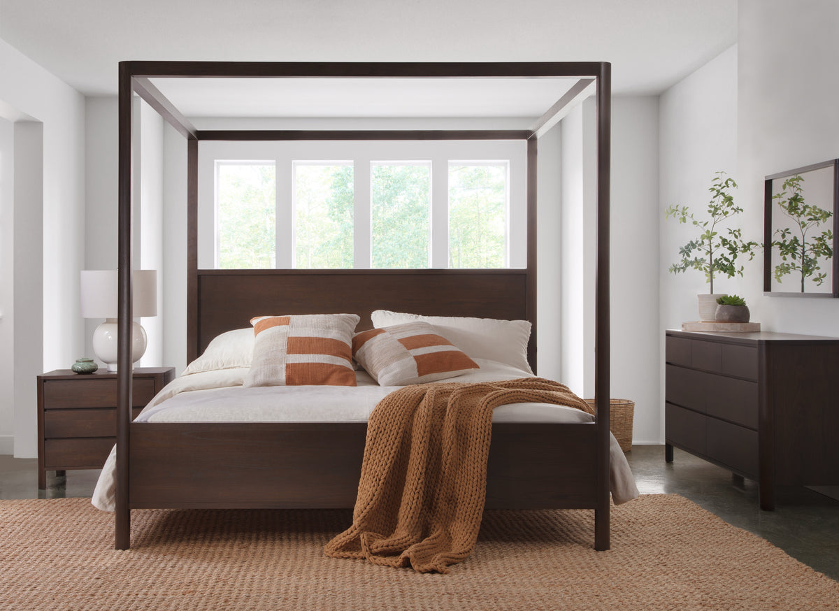 West Bros Curva Poster Bed in 22 Mocha, with canopy, in a room setting