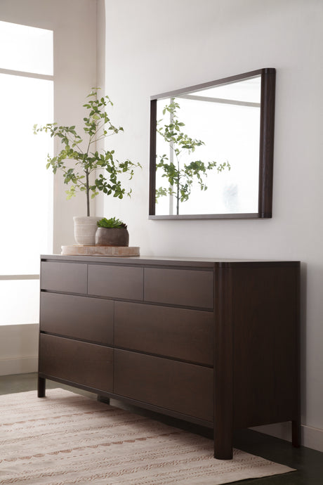 West Bros Curva Landscape Mirror in 22 Mocha, over the Curva dresser, in a room setting