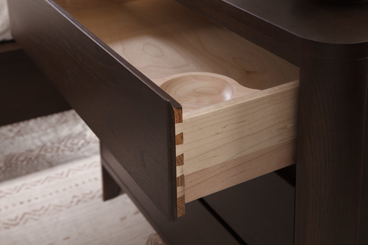 West Bros Curva Night Table in 22 Mocha, drawer detail