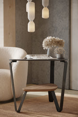 BDi Dino 1367 End Table in Natural Walnut, beside a lounge chair