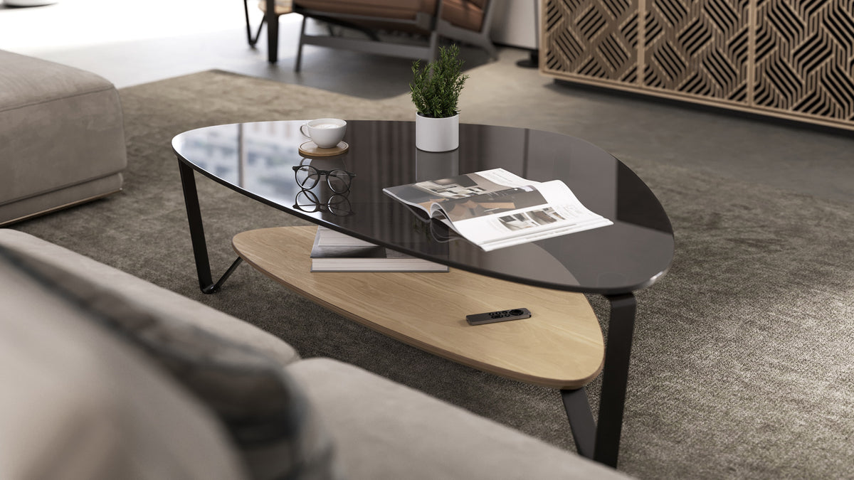 BDi Dino Coffee Table in Washed Oak, large, in a living room beside a sofa