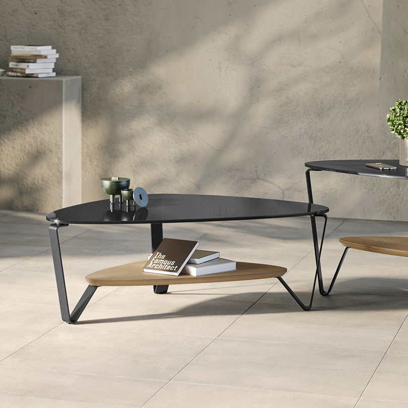 BDi Dino Coffee Table in Washed Oak, small, with the matching end table, closer view in a room