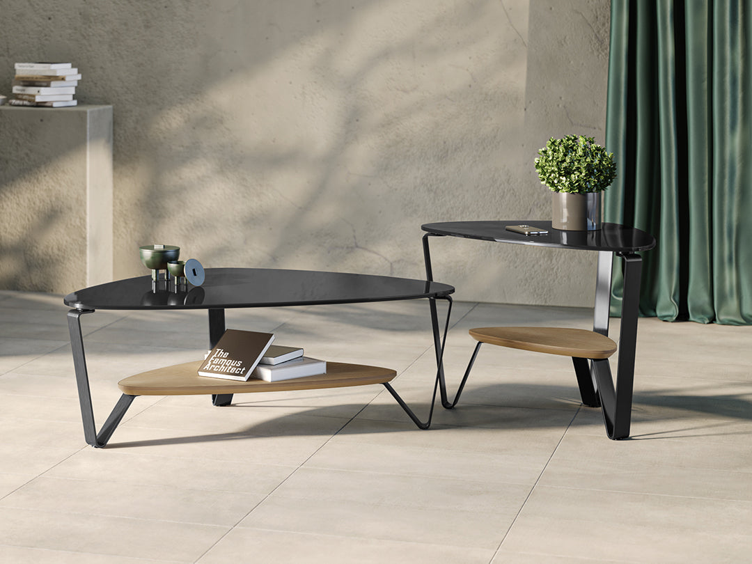 BDi Dino Coffee Table in Washed Oak, small, with the matching end table, closer view in a room