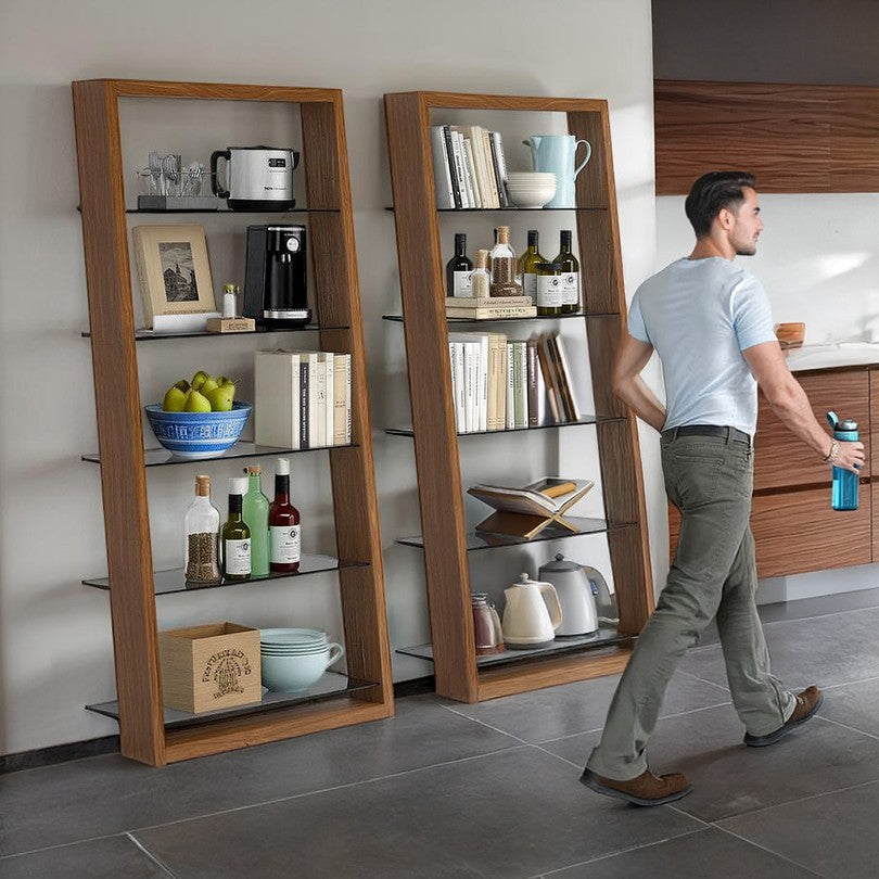 BDi Eileen 5166 Leaning Book Shelf in Natural Walnut, two side by side in a kitchen