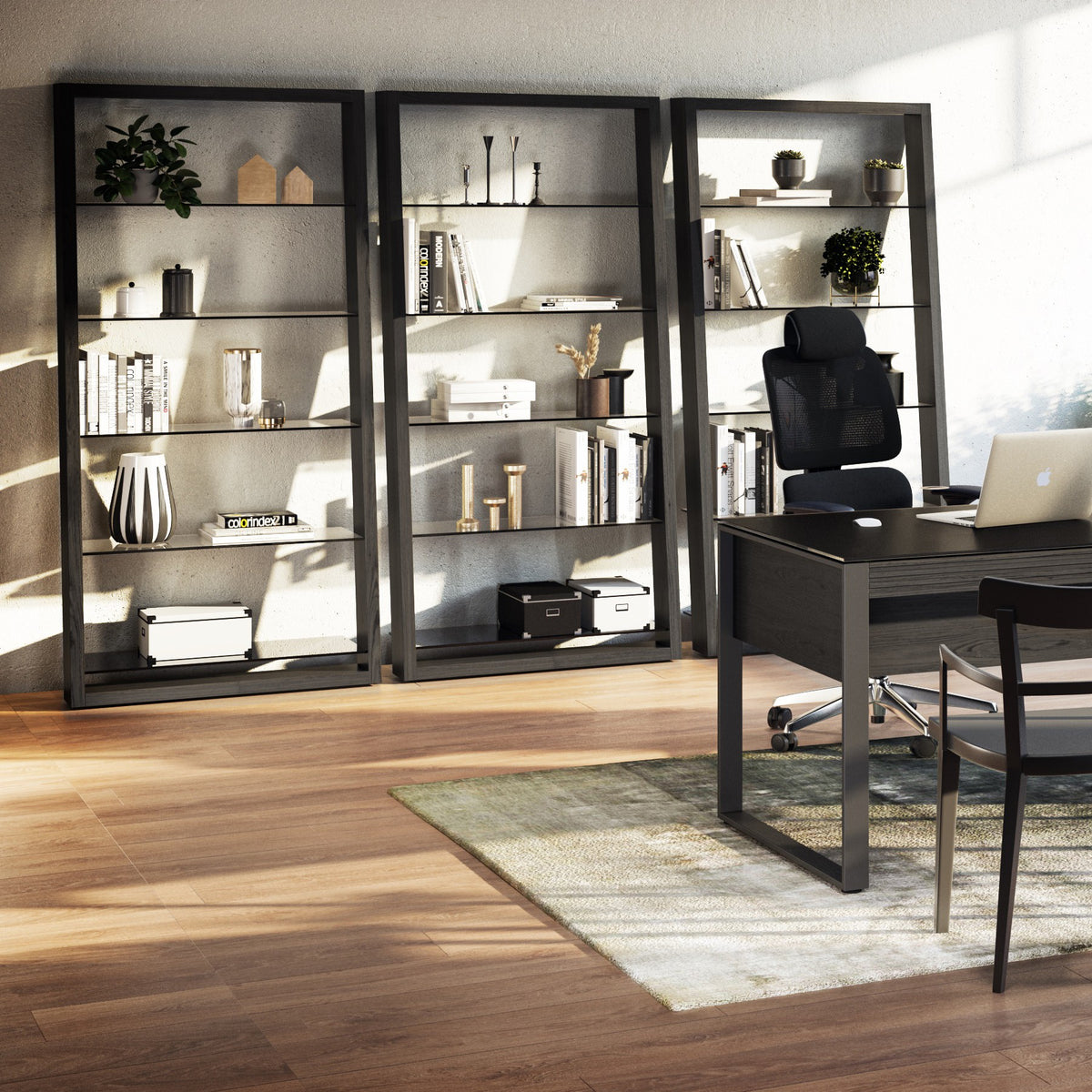 BDi Eileen 5166 Leaning Book Shelf in Charcoal Stained Ash, three side by side in a home office
