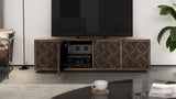 BDi Elements 8703 Media + Storage Cabinet in Natural Walnut, one door open with media equipment, in a living room, with Weave door fronts