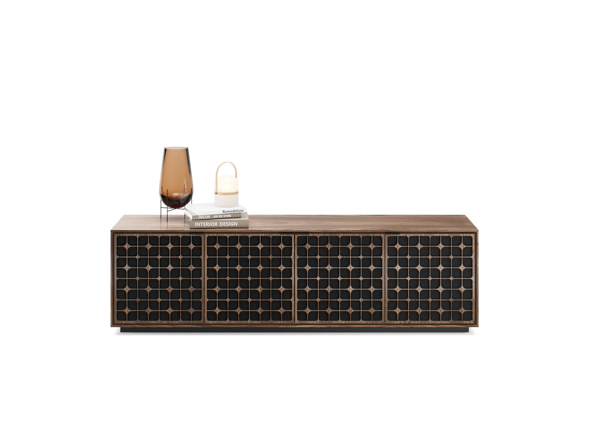 BDi Elements 8703 Media + Storage Cabinet in Natural Walnut, front view with decor, on white, with Constellation door fronts