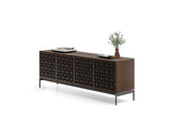 BDi Elements 8709 Media + Storage Console in Toasted Oak, angled from the right with a turntable, on white, with Constellation door fronts