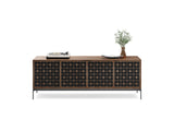 BDi Elements 8709 Media + Storage Console in Natural Walnut, front view with a turntable and decor, on white, with Constellation door fronts