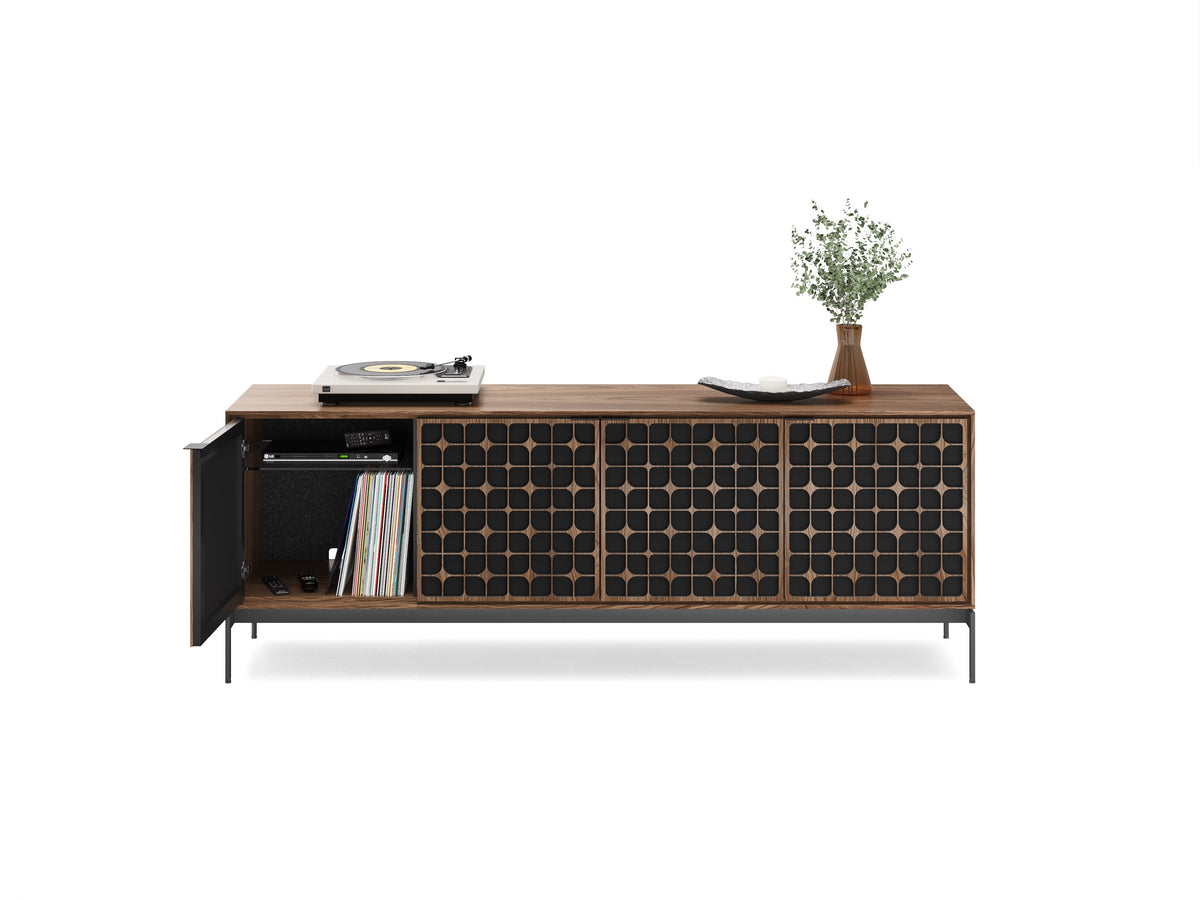 BDi Elements 8709 Media + Storage Console in Natural Walnut, left door open with records and a turntable, on white, with Constellation door fronts