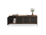 BDi Elements 8709 Media + Storage Console in Natural Walnut, left door open with records and a turntable, on white, with Constellation door fronts