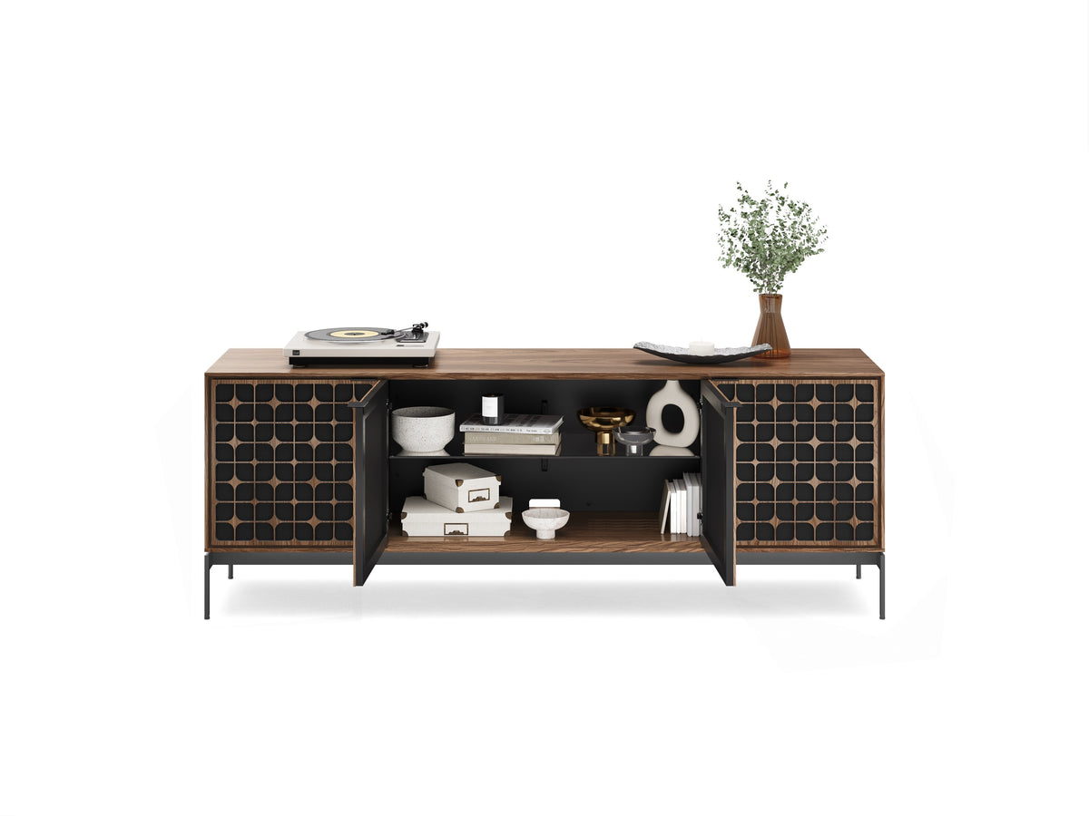 BDi Elements 8709 Media + Storage Console in Natural Walnut, middle doors open with decor, on white, with Constellation door fronts